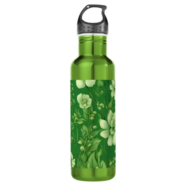 Botanical green flowers pattern 710 ml water bottle (Front)