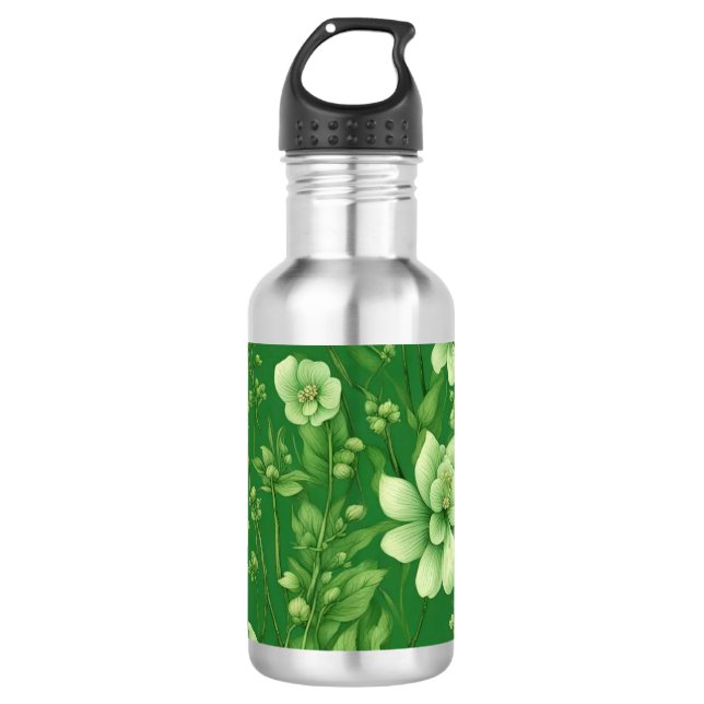 Botanical green flowers pattern 710 ml water bottle (Front)