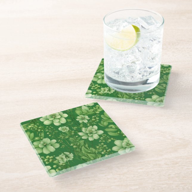Botanical green flowers pattern glass coaster (Angled)