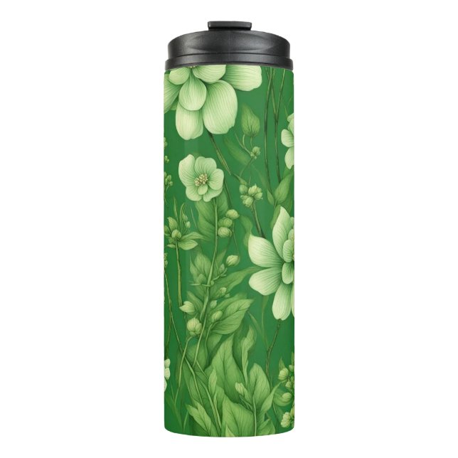 Botanical green flowers pattern thermal tumbler (Front)