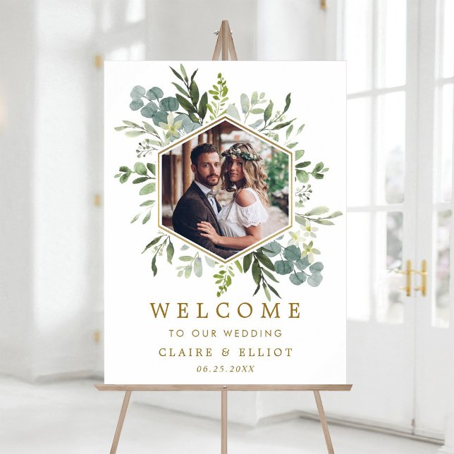 Botanical Green Gold Hexagon Photo Wedding Welcome Poster (Creator Uploaded)