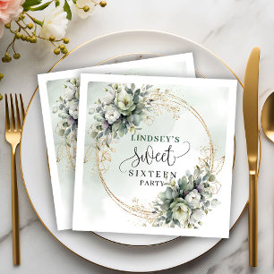 Botanical Green Gold Sweet Sixteen Party Napkins