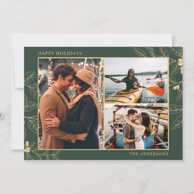 Botanical Green Gold Three Photo Christmas Holiday (Front)