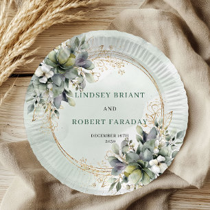 Botanical Green Gold Watercolor Wedding Paper   Plate