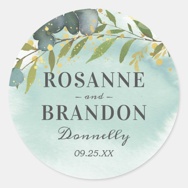Botanical Green Gold Wedding Classic Round Sticker (Front)