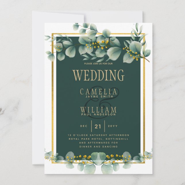 Botanical Green Gold Wedding Invitation Emerald (Front)