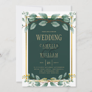 Botanical Green Gold Wedding Invitation Emerald