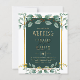 Botanical Green Gold Wedding Invitation Emerald