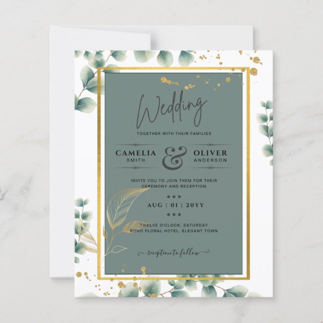 Botanical Green Gold Wedding Invitation Sage (Front)