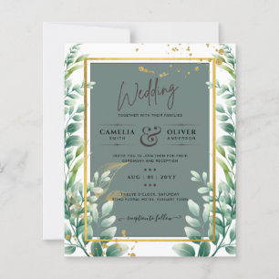 Botanical Green Gold Wedding Invitation Sage