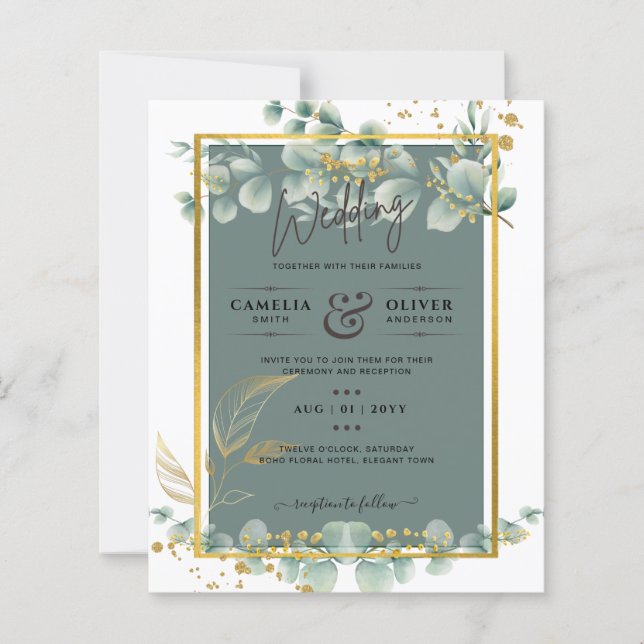Botanical Green Gold Wedding Invitation Sage (Front)