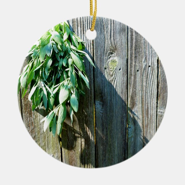 Botanical green herbs distressed wood grain ceramic tree decoration (Front)