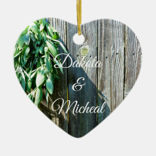 Botanical green herbs distressed wood grain ceramic tree decoration