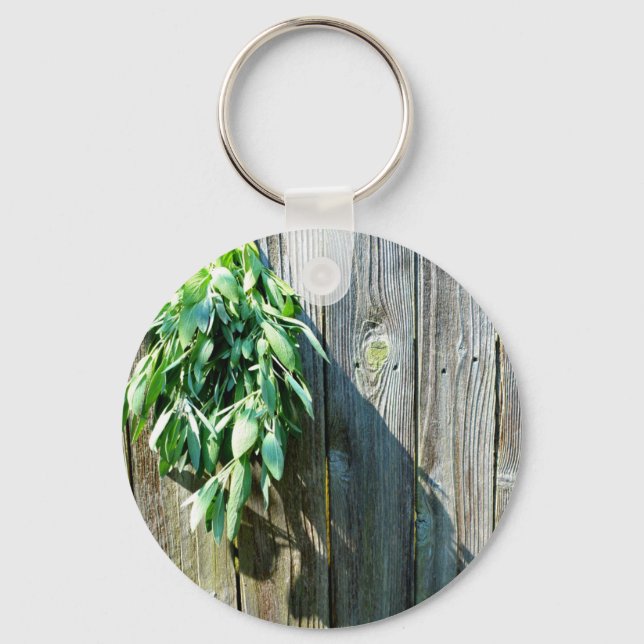 Botanical green herbs distressed wood grain key ring (Front)