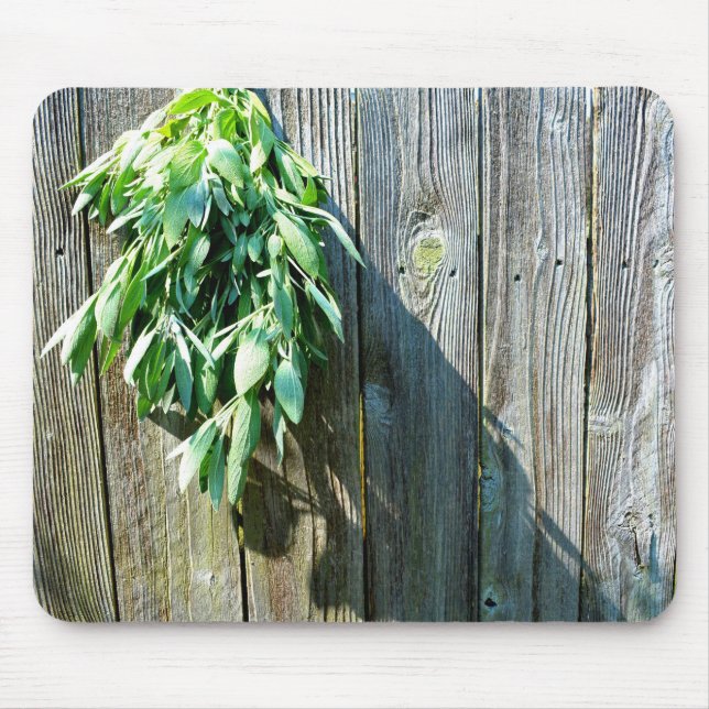 Botanical green herbs distressed wood grain mouse mat (Front)