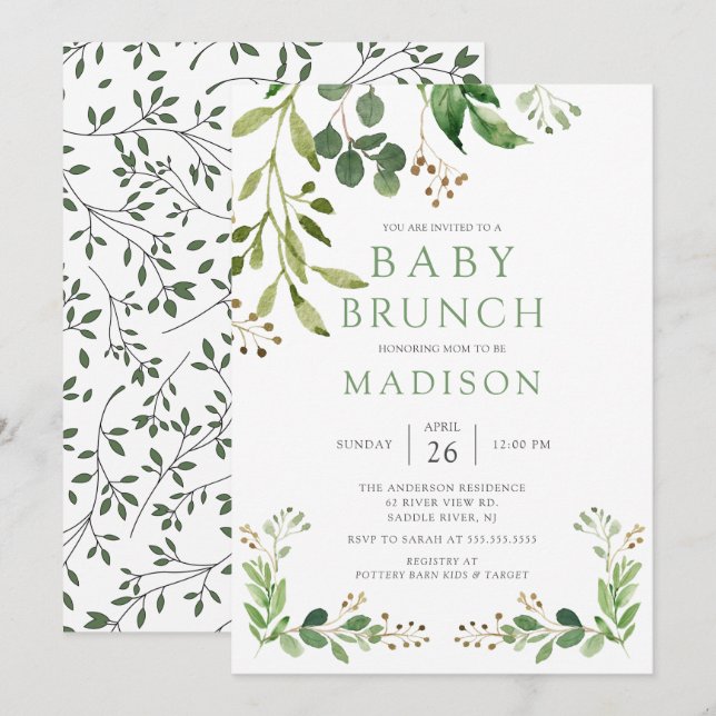 Botanical Green Leaf Baby Brunch Invitation (Front/Back)