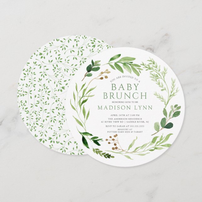Botanical Green Leaf Baby Brunch Invitation (Front/Back)