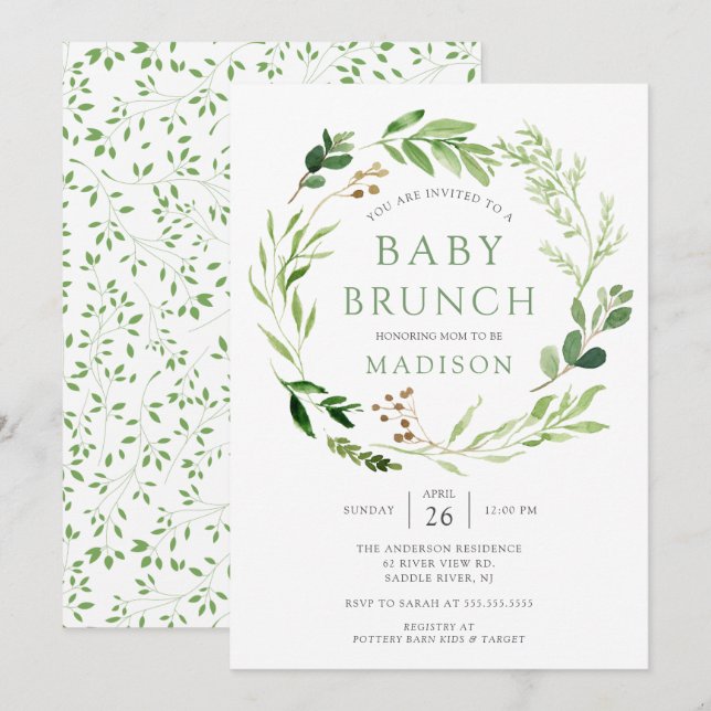Botanical Green Leaf Baby Brunch Invitation (Front/Back)
