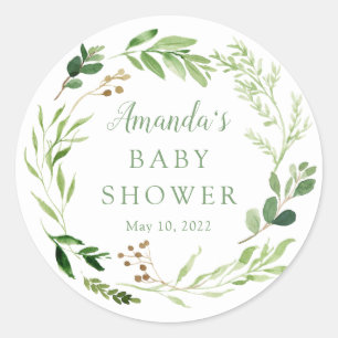 Botanical Green Leaf Baby Shower Classic Round Sticker