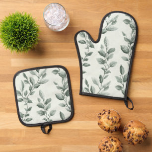 Botanical Green Leaf Pattern Kitchen Oven Mitt & Pot Holder Set