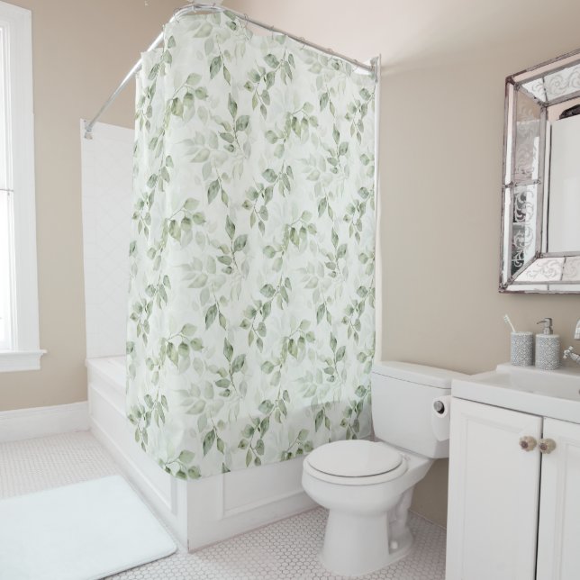 Botanical Green Leaf Pattern  Shower Curtain (In Situ)