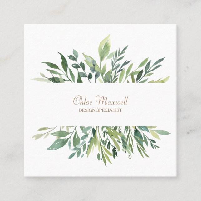 Botanical Green Leaves Border Professional Design Square Business Card (Front)