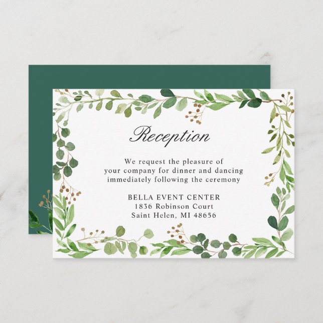 Botanical Green Leaves Border Wedding Reception Invitation (Front/Back)