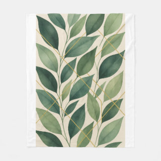 Botanical Green Leaves Fleece Blanket | Watercolor