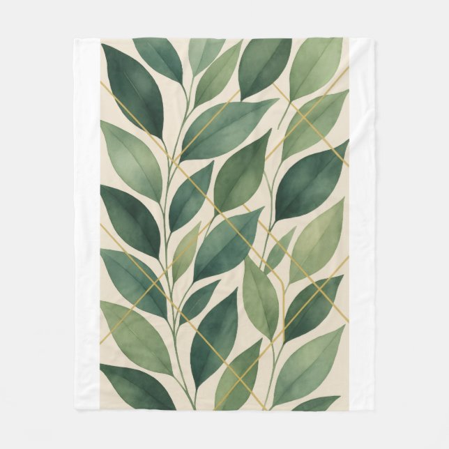Botanical Green Leaves Fleece Blanket | Watercolor (Front)