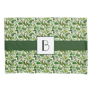 Botanical Green Leaves Foliage Pattern Monogrammed Pillowcase