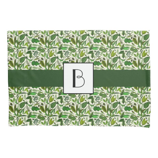 Botanical Green Leaves Foliage Pattern Monogrammed Pillowcase (Front)