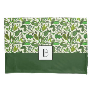 Botanical Green Leaves Foliage Pattern Monogrammed Pillowcase