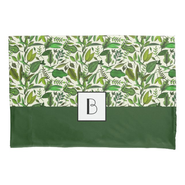Botanical Green Leaves Foliage Pattern Monogrammed Pillowcase (Front)