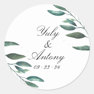 Botanical Green Leaves Modern Wedding  Classic Round Sticker
