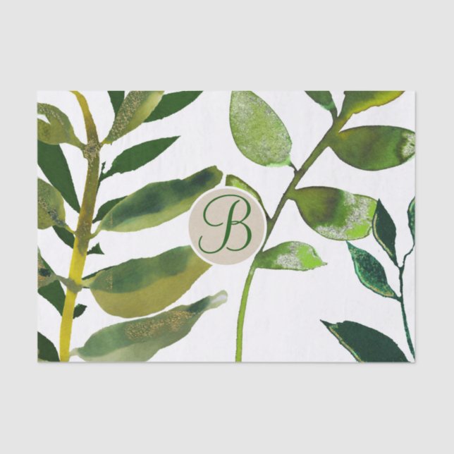 Botanical Green Leaves Monogram Letter Initial Tissue Paper (Front)