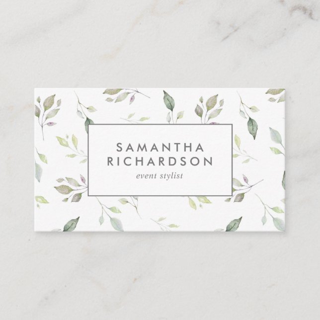 Botanical Green Leaves Watercolor Business Card (Front)