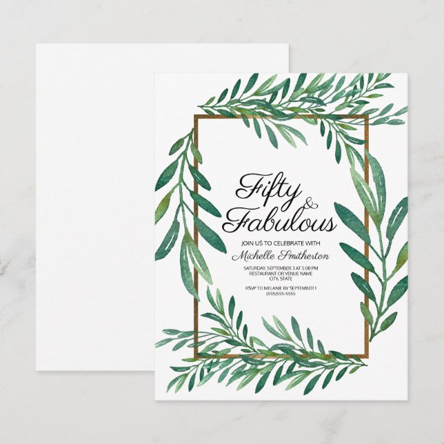 Botanical Green Leaves White Gold 50th Birthday Invitation (Front/Back)