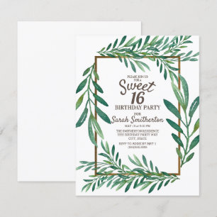 Botanical Green Leaves White Gold Sweet 16 Invitation