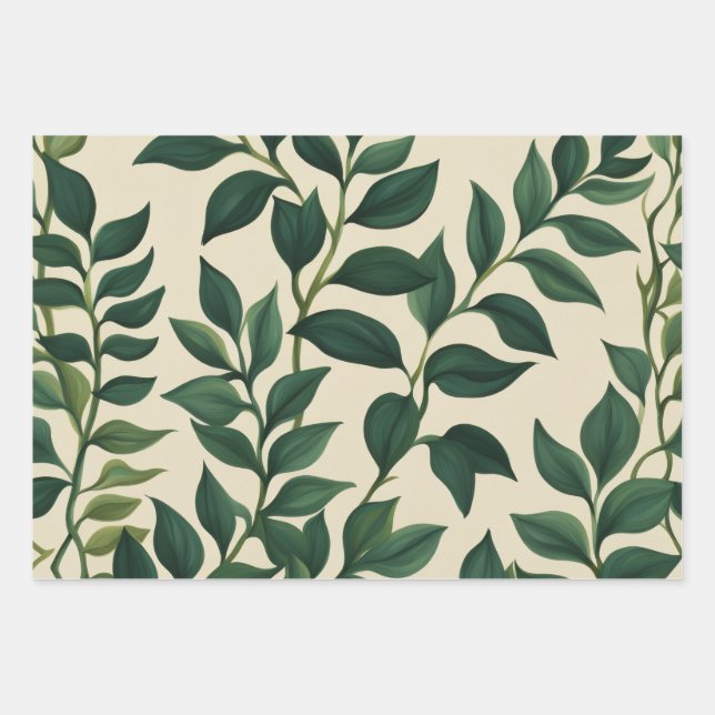 Botanical green leaves wrapping paper sheet (Front)