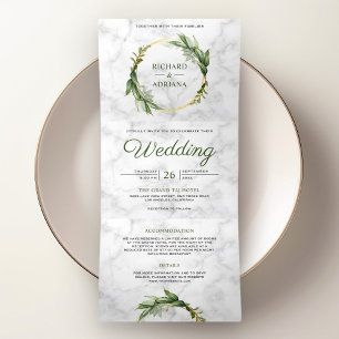 Botanical Green Leaves Wreath White Marble Wedding Tri-Fold Invitation