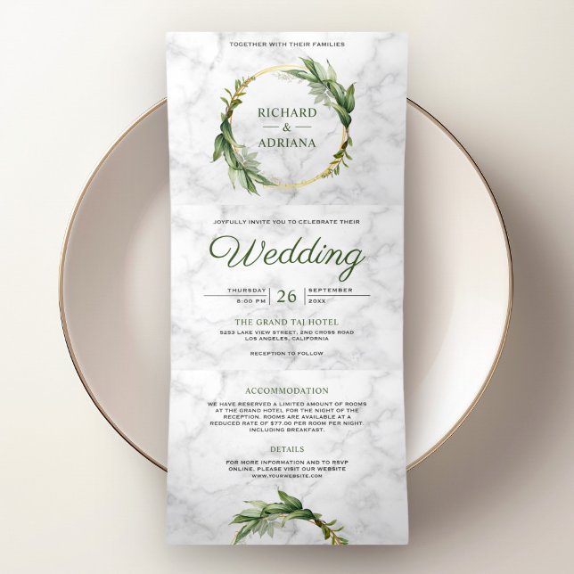 Botanical Green Leaves Wreath White Marble Wedding Tri-Fold Invitation (Creator Uploaded)