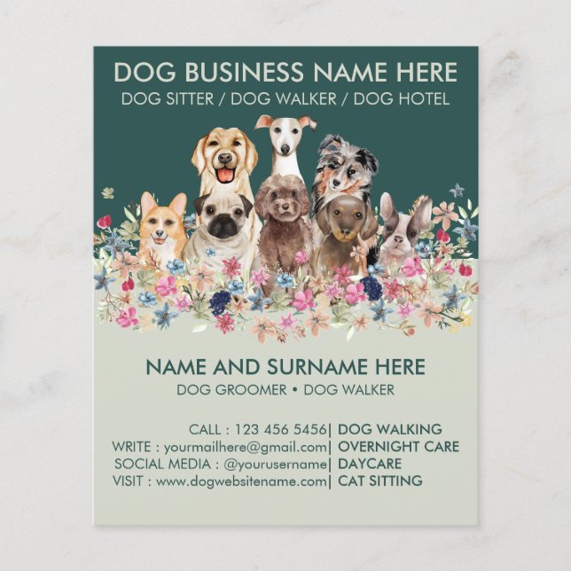 Botanical Green Pet Sitter Boarding Groomer Dogs Flyer (Front)