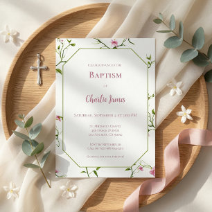 Botanical Green Pink Baptism Invitation
