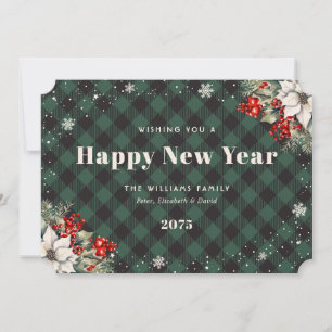Botanical Green Plaid Snowflake New Year Card