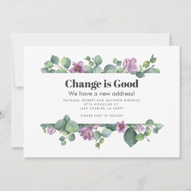 Botanical Green Purple Eucalyptus Moving Announcement (Front)