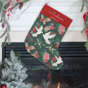 Botanical Green & Red Birds Doves floral pattern Large Christmas Stocking