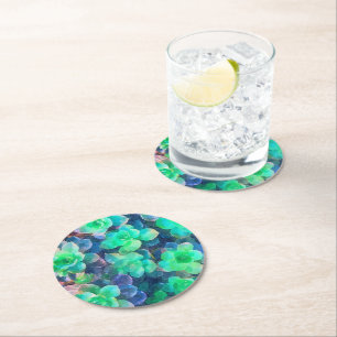 Botanical Green Shades Floral Succulent Watercolor Round Paper Coaster
