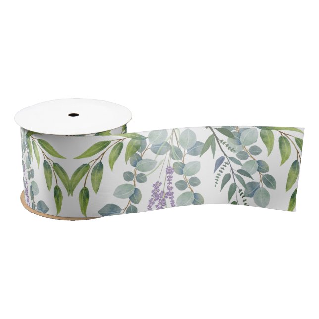 Botanical Green Stems Eucalyptus Branches Wedding Satin Ribbon (Spool)