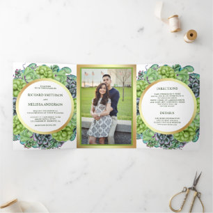 Botanical Green Succulent Wreath Photo Wedding Tri-Fold Invitation