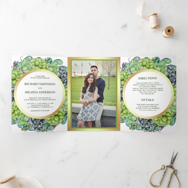 Botanical Green Succulent Wreath Photo Wedding Tri-Fold Invitation (Inside)